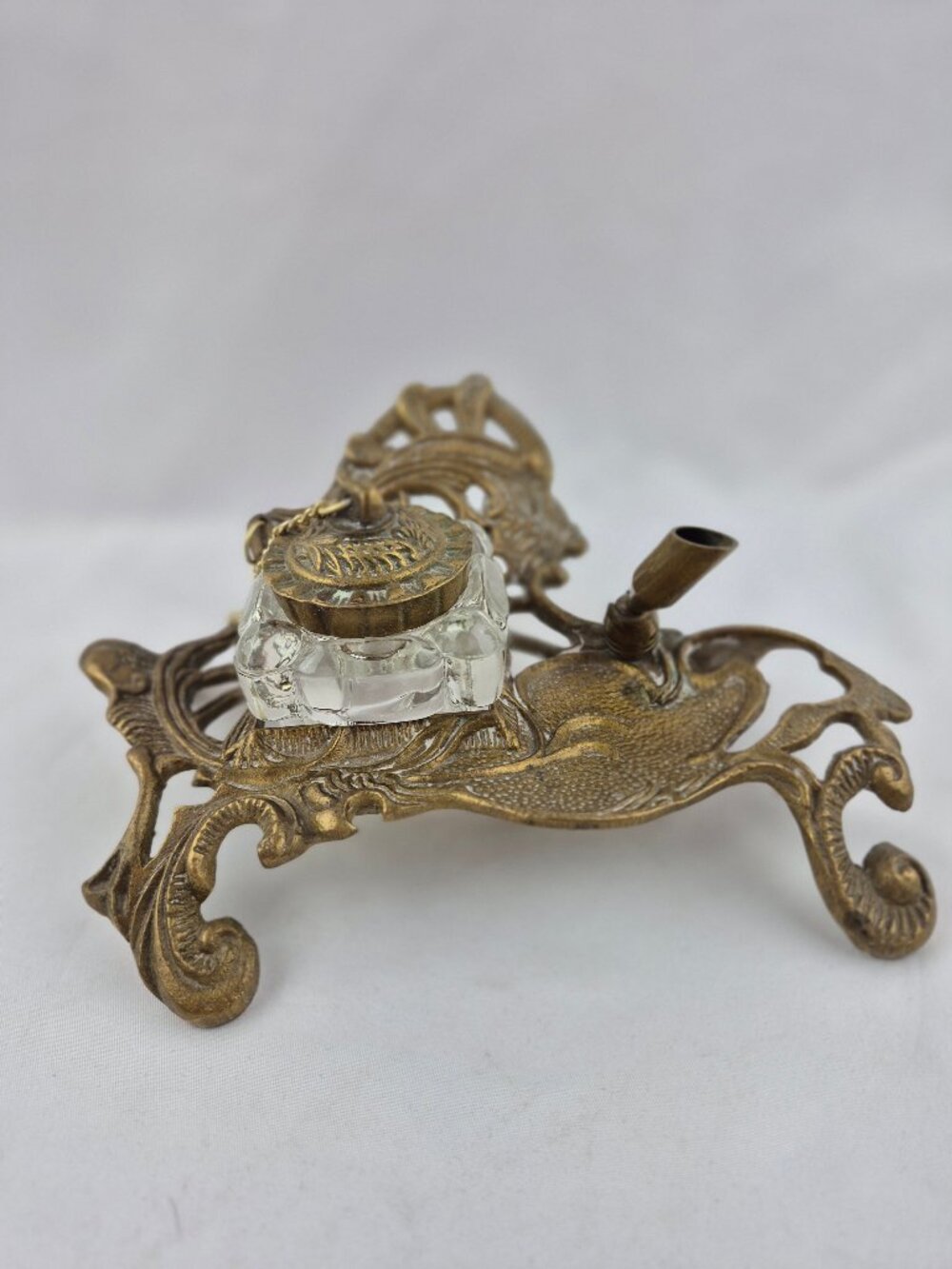 Ornate Brass Art Nouveau Desk Inkwell Stand Pressed Glass Ink Pot Embossed Lid